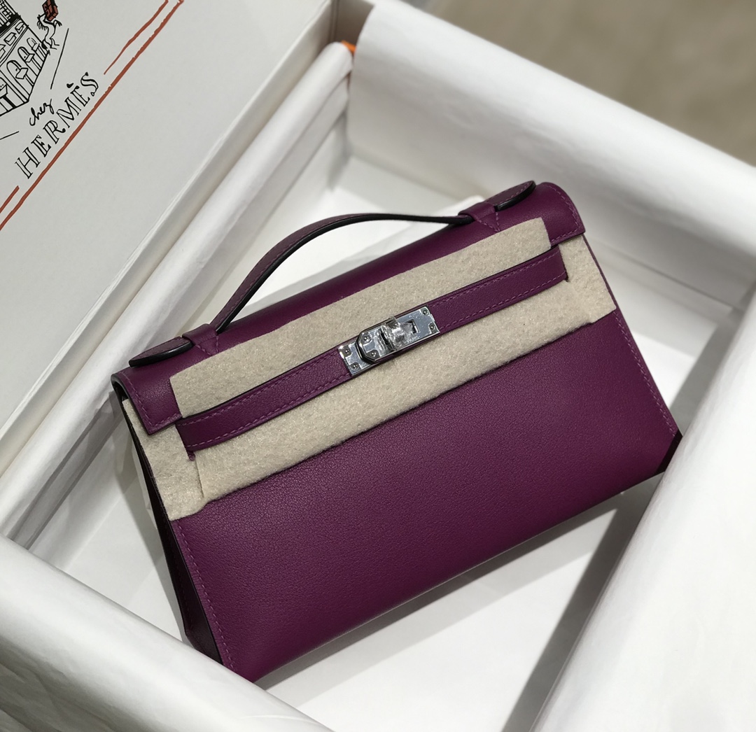 Hermes Mini Kelly Pochette 22cm Bag In Dark Purple Swift Leather